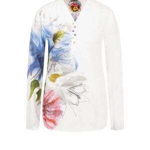 DESIGUAL XS Jaipur India Blanc V-Neck Blouse Colorful Button